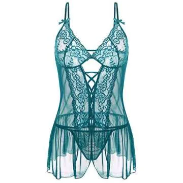 Klier Women Lingerie Sexy Chemise Dark Green Babydoll Set