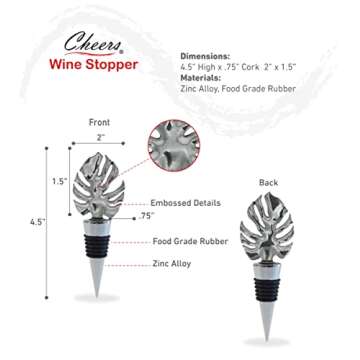 Cheers Silver Tropical Leaf Metal Wine Stopper - Elegant Vacuum Seal Reusable Jungle Leaves Wine Bot...