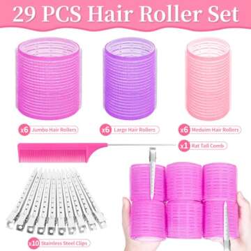 29 PCS Hair Roller Set Hair Curlers, Rollers for Hair Blowout Look with Stainless steel Clips Jumbo Large Medium Hair Curlers for Short Long Hair