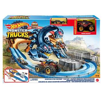 Hot Wheels Monster Trucks Scorpion Sting Raceway 3.5 feet Motorized Track Set with Giant Scorpion, 1:16 scale Monster Truck Podium Crasher & 1 Hot Wheels 1:64 Scale Night Shifter Model
