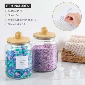 4 Pack Glass Jars with Bamboo Lids and Labels, Glass Containers for Laundry Room Organization and St...