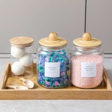 4 Pack Glass Jars with Bamboo Lids and Labels, Glass Containers for Laundry Room Organization and Storage, Half Gallon Airtight Glass jars Holder for Laundry Detergent, Pods, Scent Booster Beads