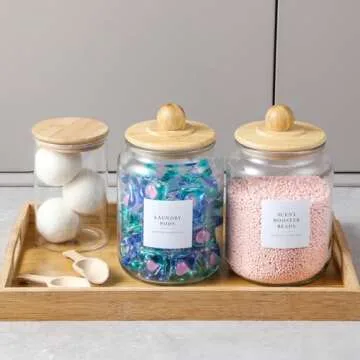 4 Pack Glass Jars with Bamboo Lids and Labels, Glass Containers for Laundry Room Organization and Storage, Half Gallon Airtight Glass jars Holder for Laundry Detergent, Pods, Scent Booster Beads