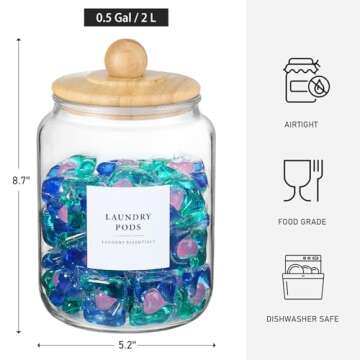 4 Pack Glass Jars with Bamboo Lids and Labels, Glass Containers for Laundry Room Organization and Storage, Half Gallon Airtight Glass jars Holder for Laundry Detergent, Pods, Scent Booster Beads