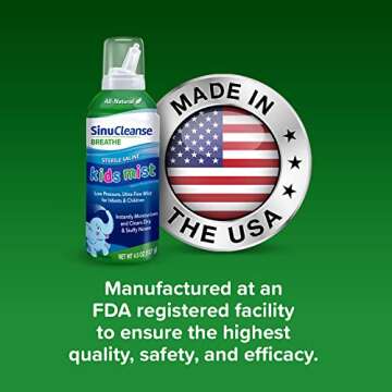 SinuCleanse Sterile Saline Kids Nasal Spray, Ultra Fine Mist, Instantly Moisturizes Dry, Stuffy Noses, Safe for Newborns & Up, 4.5 Oz (2 Pack), Made in USA