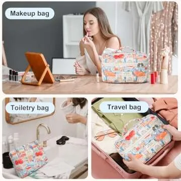 GISMTR 3Pcs Cotton Quilted Makeup Bag Large Travel Cosmetic Bag Coquette Makeup Pouch Cute Aesthetic Floral Toiletry Bag for Women Girls