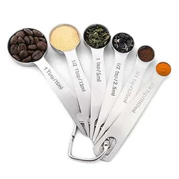 Measuring Spoons 18/8 Stainless Steel Measuring Spoons Set of 6 Piece: 1/8 tsp, 1/4 tsp, 1/2 tsp, 1 tsp, 1/2 tbsp & 1 tbsp Dry and Liquid Ingredients