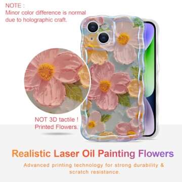 EYZUTAK Case for iPhone 14, Colorful Retro Oil Painting Printed Flower Laser Beam Glossy Pattern Cut...