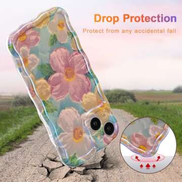 EYZUTAK Case for iPhone 14, Colorful Retro Oil Painting Printed Flower Laser Beam Glossy Pattern Cute Curly Waves Border Exquisite Phone Cover Stylish Durable TPU Protective Case for Girls Women-Green