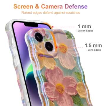 EYZUTAK Case for iPhone 14, Colorful Retro Oil Painting Printed Flower Laser Beam Glossy Pattern Cute Curly Waves Border Exquisite Phone Cover Stylish Durable TPU Protective Case for Girls Women-Green