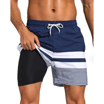 SILKWORLD Quick Dry Men's Swim Trunks with Compression Liner & Zipper Pockets