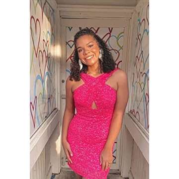 YMSHA Tight Black Short Homecoming Dresses for Teens Bodycon 2022 Glitter Sequin Sexy Mini Halter Prom Cocktail Dress for Juniors 2