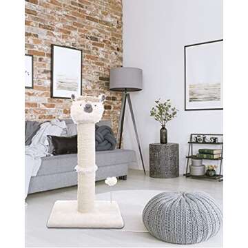 Poils bebe Cat Scratching Post, 30.3’’ Tall Alpaca Scratcher Cat Furniture with Spring Ball for Indoor Cats and Kittens Handmade Cat Tower Wrapped by Natural Sisal Ropes (Beige)