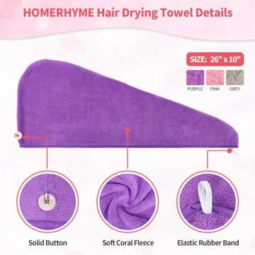 HOMERHYME Hair Towel, 3 Pack Wrap Quick Drying Towels, Highly Absorbent Adjustable Soft Towel Anti Frizz Turban, 26'' x 10'' for Women Wet, Curly, Long Grey, Pink, Purple