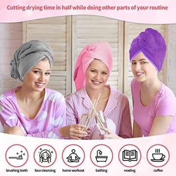 HOMERHYME Hair Towel, 3 Pack Wrap Quick Drying Towels, Highly Absorbent Adjustable Soft Towel Anti Frizz Turban, 26'' x 10'' for Women Wet, Curly, Long Grey, Pink, Purple