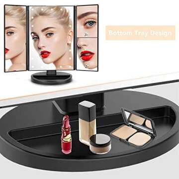 Infitrans 3 Folds Lighted Vanity Makeup Mirror,1X/2X/3X Magnification, 21 LED Light Bright Table Mirror with Touch Screen,180 Adjustable Rotation,Portable Travel Cosmetic Mirror