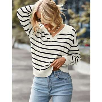 BQDCQB Women Striped Sweater Polo V Neck Long Sleeve Loose Sweater Knit Pullover Jumper Tops Black M