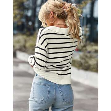 BQDCQB Women Striped Sweater Polo V Neck Long Sleeve Loose Sweater Knit Pullover Jumper Tops Black M