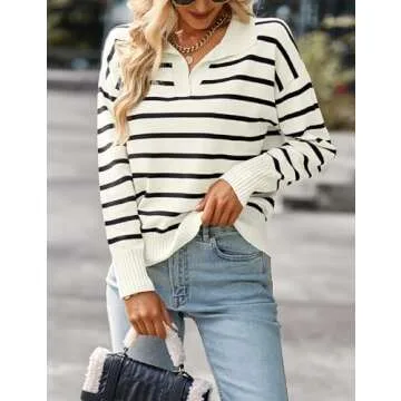 BQDCQB Women Striped Sweater Polo V Neck Long Sleeve Loose Sweater Knit Pullover Jumper Tops Black M