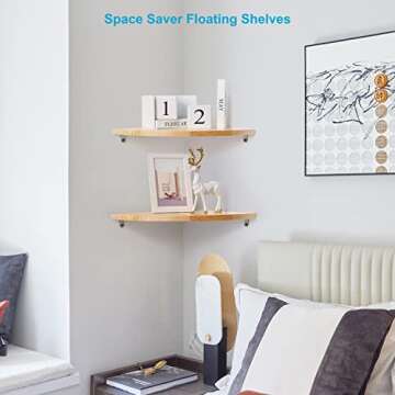 JORIKCHUO 12 inch Corner Wall Shelf Set of 2, Solid Wood Corner Floating Shelves for Wall, Round End Wall Mounted Floating Shelf for Bedroom, Living Room and Kitchen (Burlywood-12 inch)