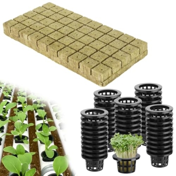 50Sets 1in Rockwool Cubes for Hydroponics with Net Pots - Rock Wool Planting Cubes 50 Plugs & 50 Pla...
