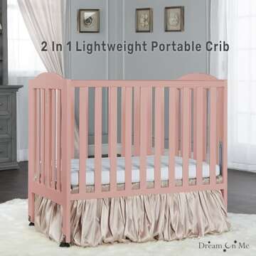 Dream On Me 2-in-1 Portable Folding Stationary Side Crib in Dusty Pink, Greenguard Gold Certified, Two Adjustable Mattress Height Positions,Made of Solid Pinewood, Flat Folding Crib