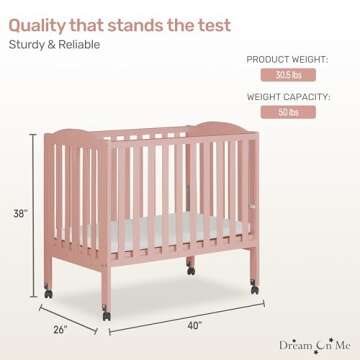 Dream On Me 2-in-1 Portable Folding Stationary Side Crib in Dusty Pink, Greenguard Gold Certified, Two Adjustable Mattress Height Positions,Made of Solid Pinewood, Flat Folding Crib