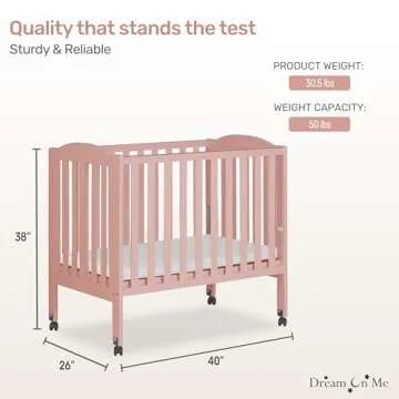 Dream On Me 2-in-1 Portable Folding Stationary Side Crib in Dusty Pink, Greenguard Gold Certified, Two Adjustable Mattress Height Positions,Made of Solid Pinewood, Flat Folding Crib