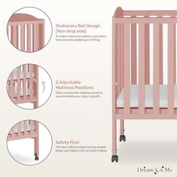 Dream On Me 2-in-1 Portable Folding Stationary Side Crib in Dusty Pink, Greenguard Gold Certified, Two Adjustable Mattress Height Positions,Made of Solid Pinewood, Flat Folding Crib