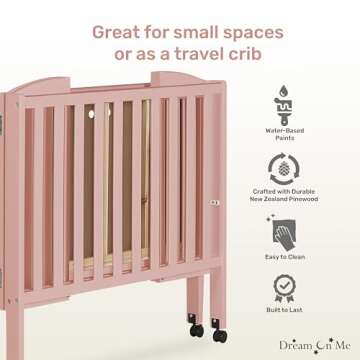 Dream On Me 2-in-1 Portable Folding Stationary Side Crib in Dusty Pink, Greenguard Gold Certified, Two Adjustable Mattress Height Positions,Made of Solid Pinewood, Flat Folding Crib