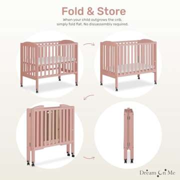 Dream On Me 2-in-1 Portable Folding Stationary Side Crib in Dusty Pink, Greenguard Gold Certified, Two Adjustable Mattress Height Positions,Made of Solid Pinewood, Flat Folding Crib