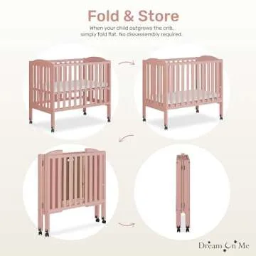 Dream On Me 2-in-1 Portable Folding Stationary Side Crib in Dusty Pink, Greenguard Gold Certified, Two Adjustable Mattress Height Positions,Made of Solid Pinewood, Flat Folding Crib