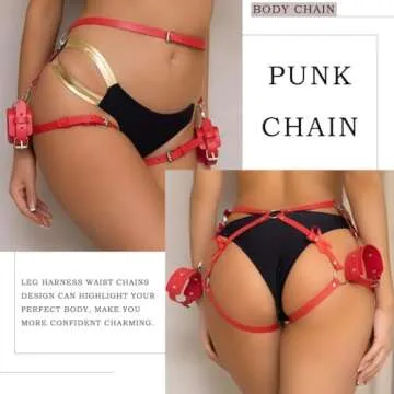 Aiosy Leather Waist Chain Red Belly Body Chain Punk Thigh Harness Belt Rave Body Accessories Jewelry for Women