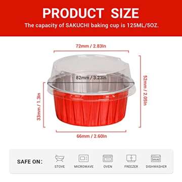 Red Aluminum Foil Baking Cups with Lids 50pcs 125ml Aluminum Foil Cupcake Liners Cups with Lids, 5oz...