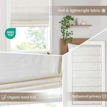 Madison Park Kyler Cordless Roman Shades - Single Panel, Lightweight Linen Blend Fabric, Natural Design, Easy Installation, Light Filtering Window Blind, Bedroom, Living Room Decor 35"W x 64"L White