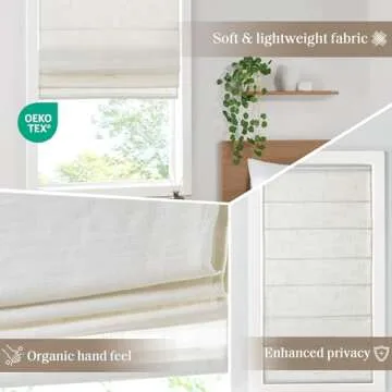 Madison Park Kyler Cordless Roman Shades - Single Panel, Lightweight Linen Blend Fabric, Natural Design, Easy Installation, Light Filtering Window Blind, Bedroom, Living Room Decor 35"W x 64"L White