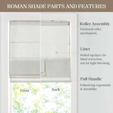 Madison Park Kyler Cordless Roman Shades - Single Panel, Lightweight Linen Blend Fabric, Natural Design, Easy Installation, Light Filtering Window Blind, Bedroom, Living Room Decor 35"W x 64"L White