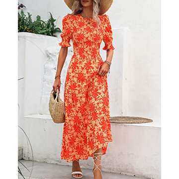 BTFBM Women Casual Summer Dresses 2025 Spring Crew Neck Ruffle Short Sleeve Floral Print Smocked Boho Flowy Maxi Dress
