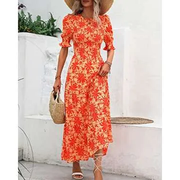 BTFBM Women Casual Summer Dresses 2025 Spring Crew Neck Ruffle Short Sleeve Floral Print Smocked Boho Flowy Maxi Dress