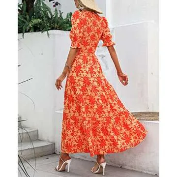 BTFBM Women Casual Summer Dresses 2025 Spring Crew Neck Ruffle Short Sleeve Floral Print Smocked Boho Flowy Maxi Dress
