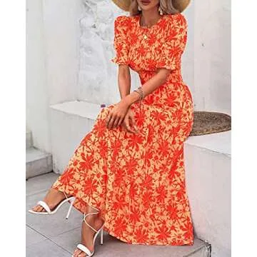 BTFBM Women Casual Summer Dresses 2025 Spring Crew Neck Ruffle Short Sleeve Floral Print Smocked Boho Flowy Maxi Dress