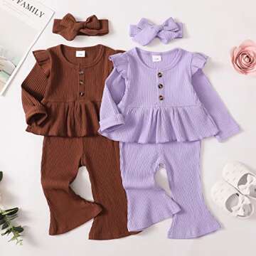 18 Months Girl Clothes Toddler Girl Outfits Long Sleeve Ruffle Shirt Cotton Solid Pant Set Baby Gift...