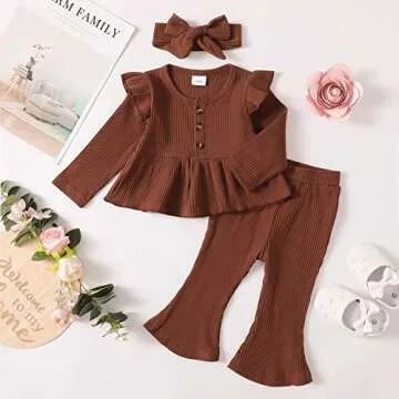 18 Months Girl Clothes Toddler Girl Outfits Long Sleeve Ruffle Shirt Cotton Solid Pant Set Baby Gifts Fall 18-24 Months Girl Clothing