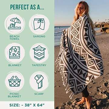 Sand Cloud Turkish Beach Towel - Sand Free - 100% Organic Turkish Cotton Yarn - Quick Dry Towel for Beach, Picnic Blanket or Throw - As Seen on Shark Tank - Mandala (Dark Grey)