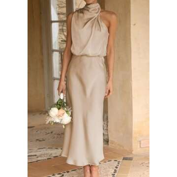 BZSFW Women's 2024 Summer Satin Dress Elegant Sleeveless Mock Neck Cocktail Party Maxi Dresses (Beig...