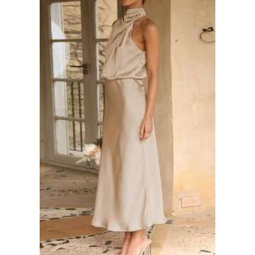 BZSFW Women's 2024 Summer Satin Dress Elegant Sleeveless Mock Neck Cocktail Party Maxi Dresses (Beige, Small)