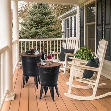 RUSTOWN Farmhouse Accent Side Table, Rustic Antique Galvanized End Coffee or Cocktail Table, Storage Metal Bin with Round Wood Lid Set of 2 (Black)