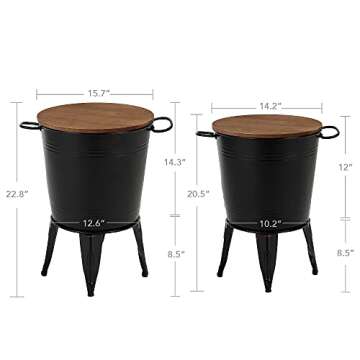 RUSTOWN Farmhouse Accent Side Table, Rustic Antique Galvanized End Coffee or Cocktail Table, Storage Metal Bin with Round Wood Lid Set of 2 (Black)