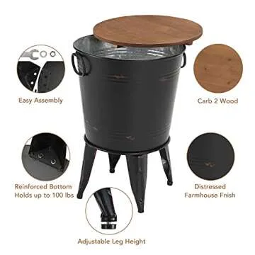 RUSTOWN Farmhouse Accent Side Table, Rustic Antique Galvanized End Coffee or Cocktail Table, Storage Metal Bin with Round Wood Lid Set of 2 (Black)