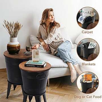 RUSTOWN Farmhouse Accent Side Table, Rustic Antique Galvanized End Coffee or Cocktail Table, Storage Metal Bin with Round Wood Lid Set of 2 (Black)